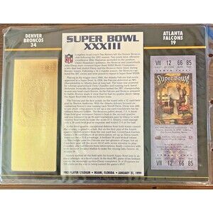 NFL Gold Super Bowl Ticket Willabee Ward 22KT #33 Denver Broncos Vs. Falcons